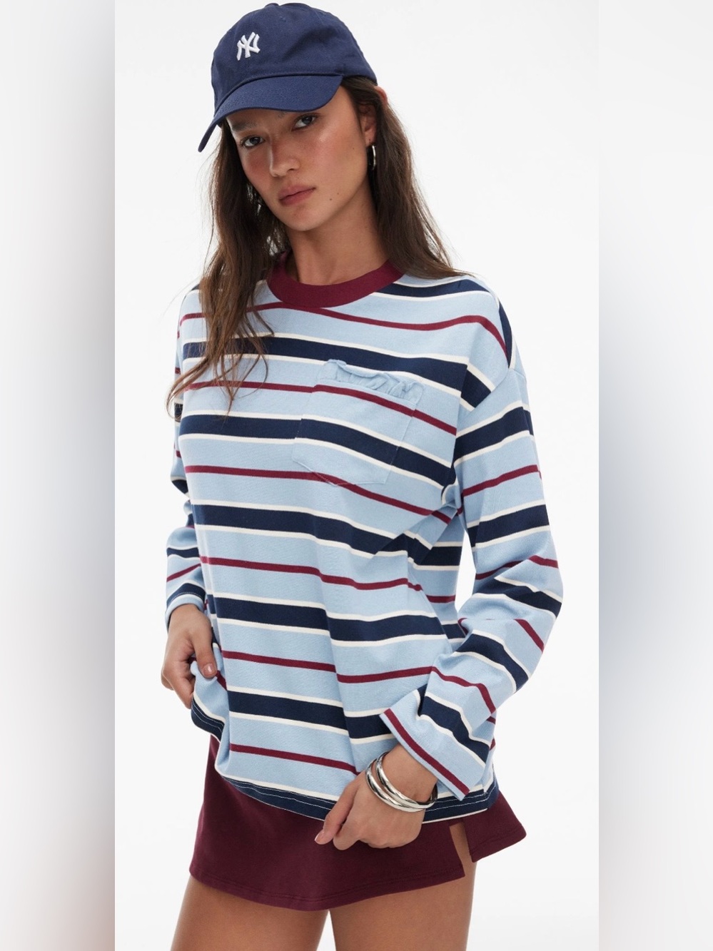 NWT- Cider Blue Striped Cotton Long-Sleeved Tee w Frilled Pocket - Oversized